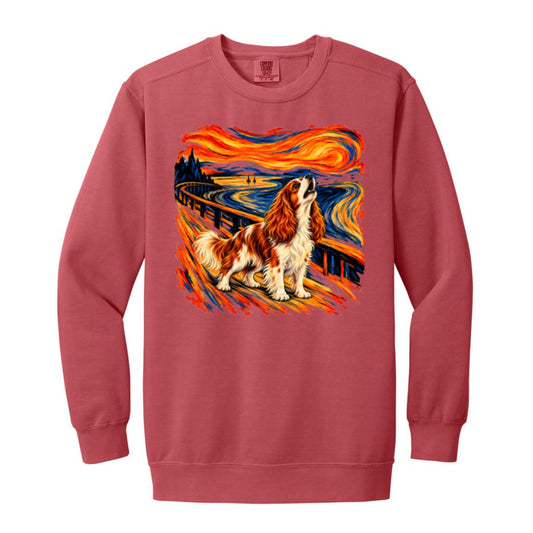 Crimson Comfort Colors® sweatshirt with The Howl Cavalier dog design