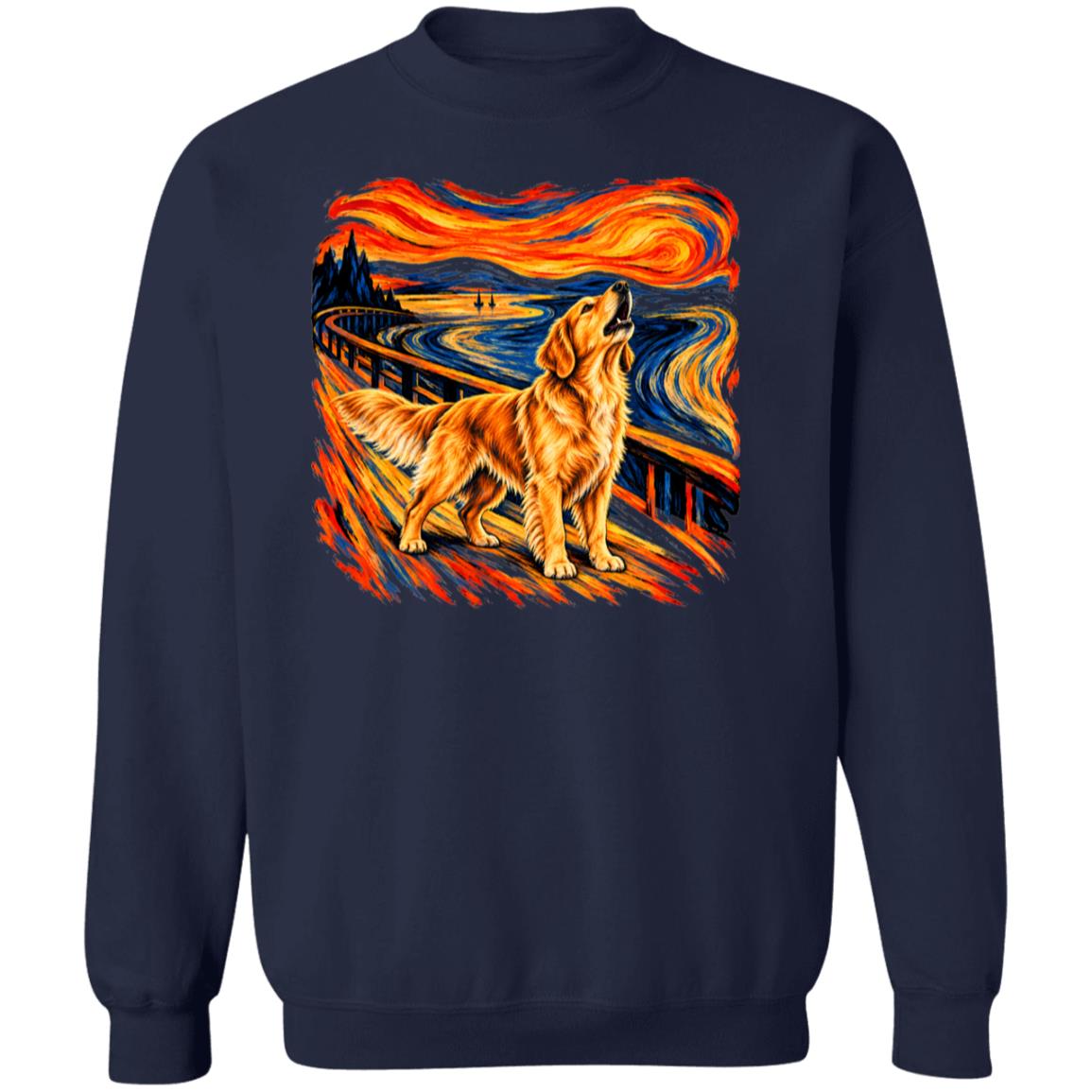 Navy Gildan® Heavy Blend sweatshirt with The Howl Golden Retriever dog design