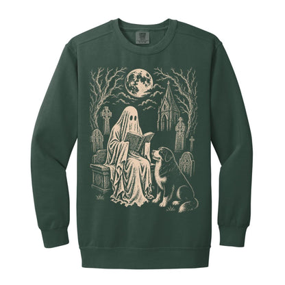 Bernese Mountain Dog Ghost Reading sweatshirt in Blue Spruce