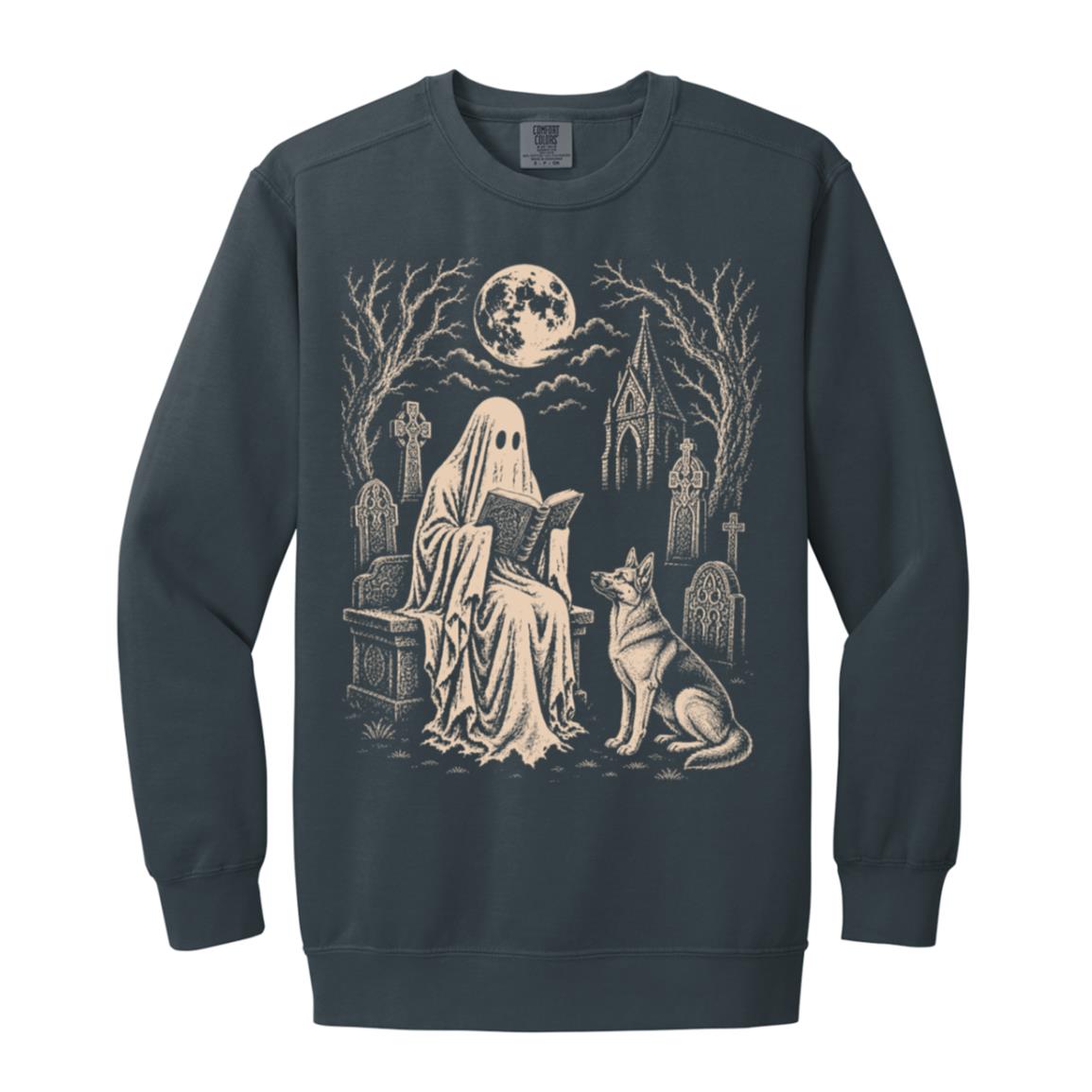 German Shepherd Ghost Reading sweatshirt in Denim