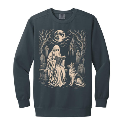 German Shepherd Ghost Reading sweatshirt in Denim