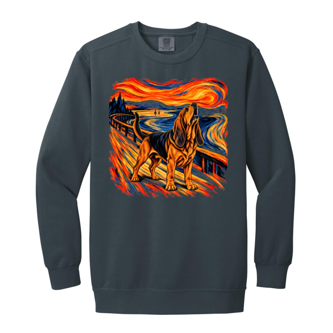 Denim Comfort Colors® sweatshirt with The Howl Bloodhound dog design