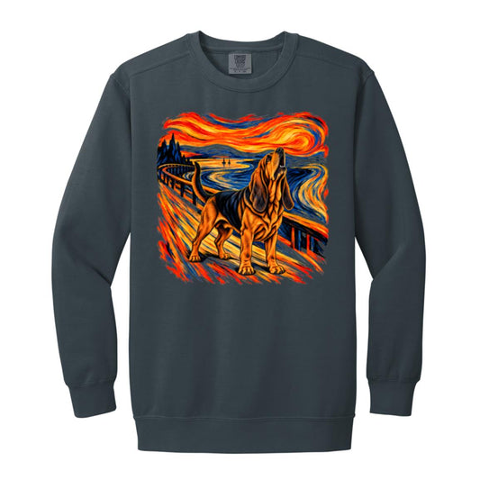 Denim Comfort Colors® sweatshirt with The Howl Bloodhound dog design