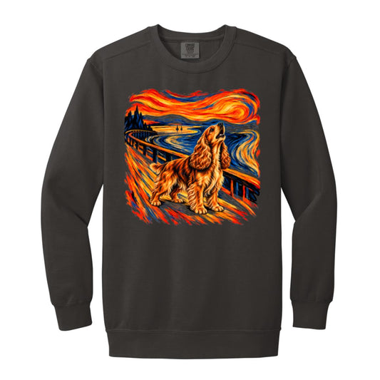 Pepper Comfort Colors® sweatshirt with The Howl Cocker Spaniel dog design