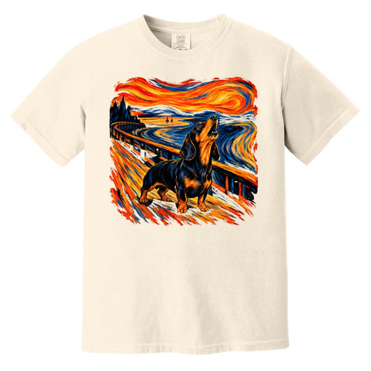 Ivory Comfort Colors® T-shirt with The Howl Dachshund dog design