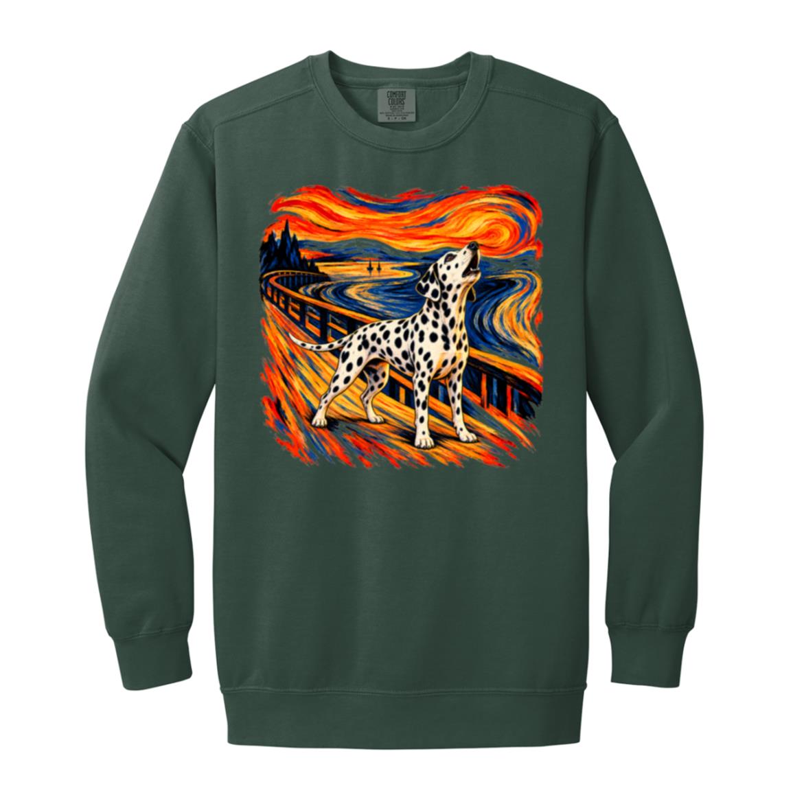 Blue Spruce Comfort Colors® sweatshirt with The Howl Dalmatian dog design