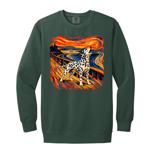Blue Spruce Comfort Colors® sweatshirt with The Howl Dalmatian dog design