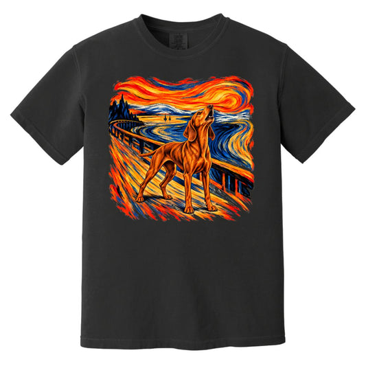 Black Comfort Colors® T-shirt with The Howl Vizsla dog design