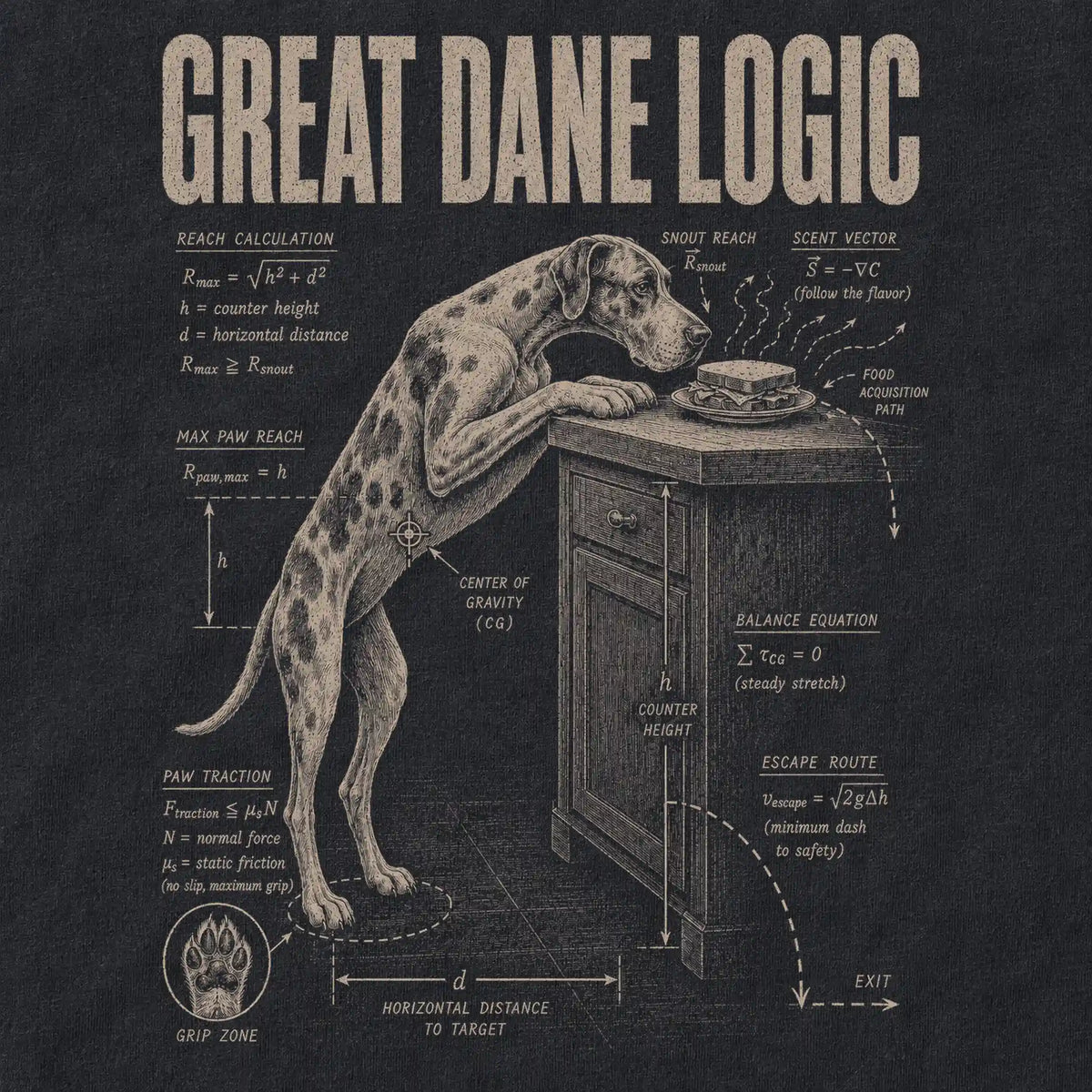 Black Great Dane Logic T-Shirt design detail