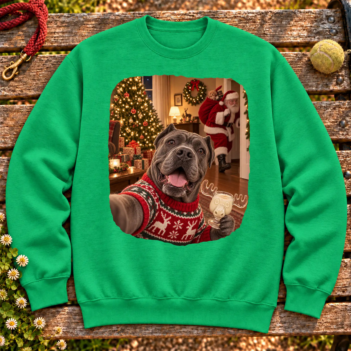 Cane Corso Eggnog Selfie design on a Irish Green Gildan® sweatshirt