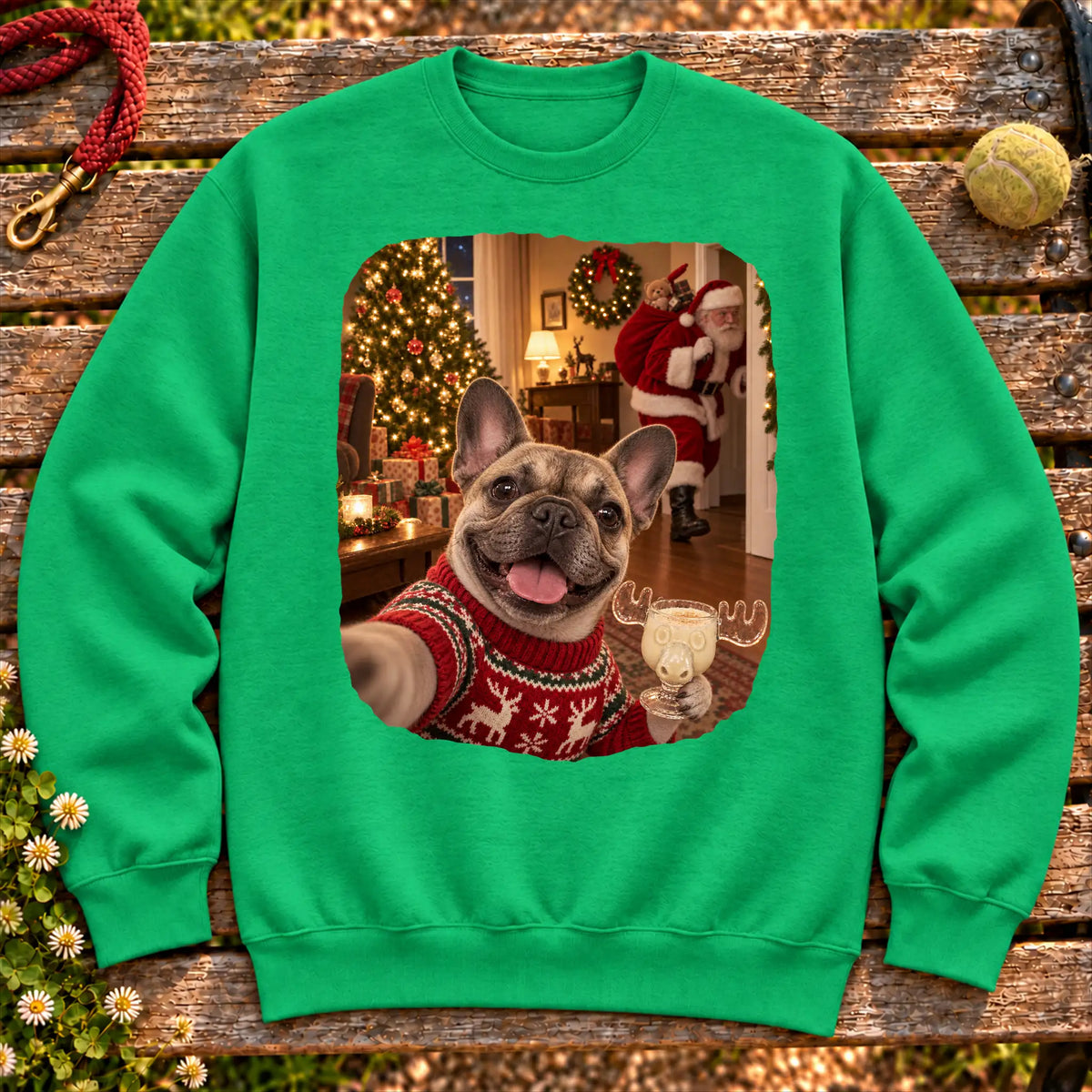 French Bulldog Eggnog Selfie design on a Irish Green Gildan® sweatshirt