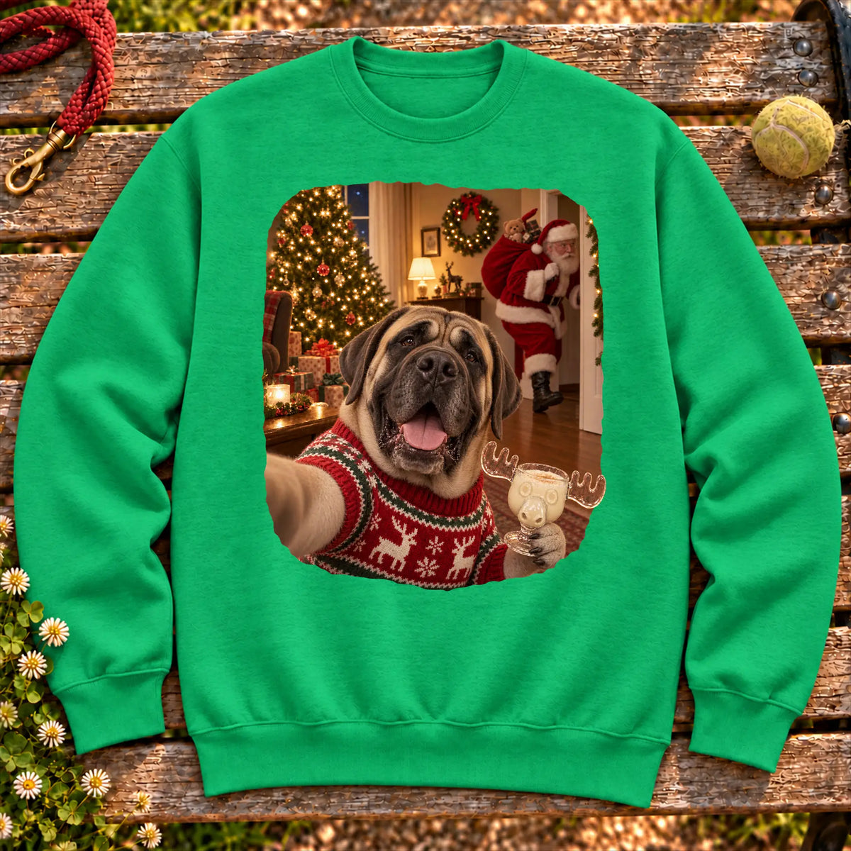Mastiff Eggnog Selfie design on a Irish Green Gildan® sweatshirt
