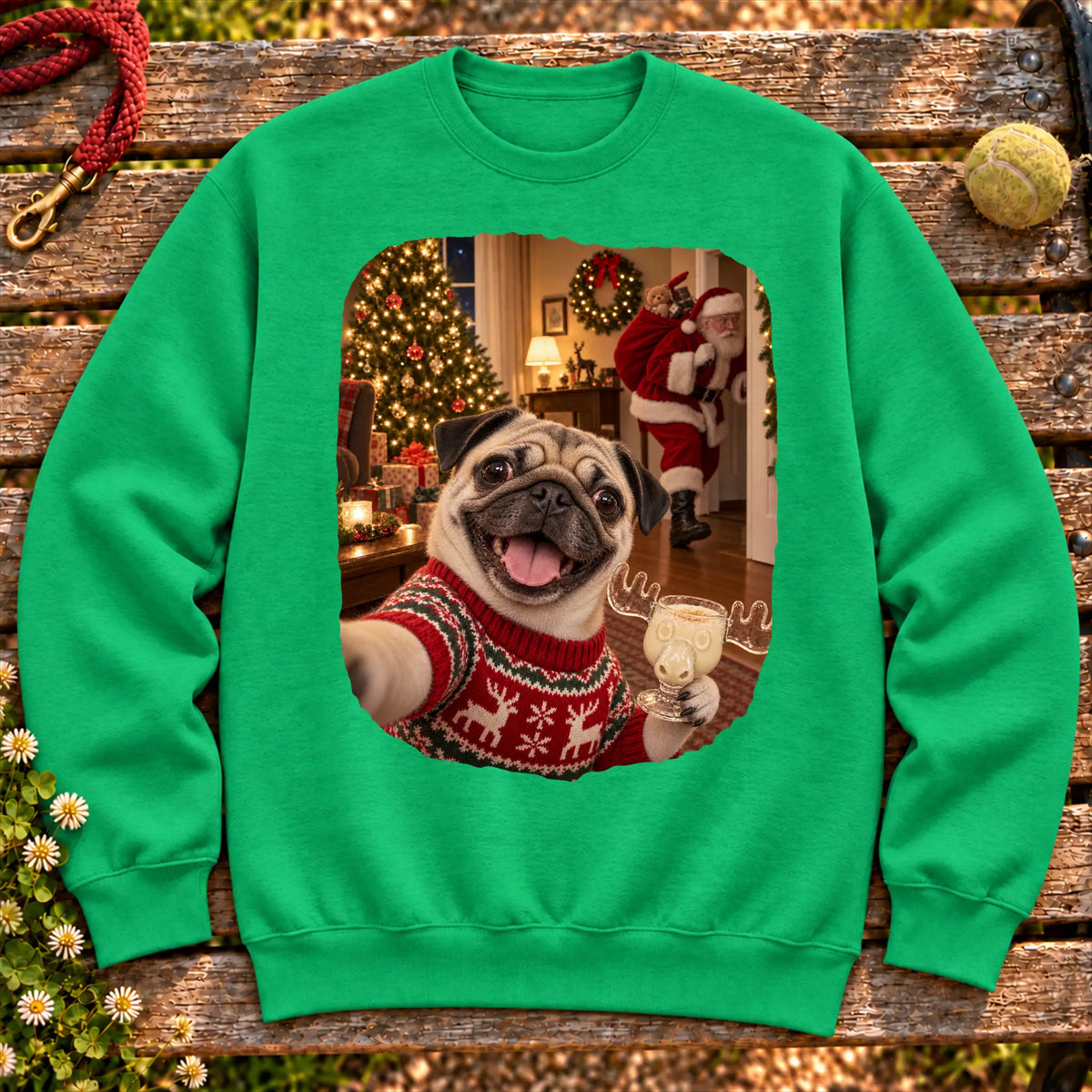 Pug Eggnog Selfie design on a Irish Green Gildan® sweatshirt