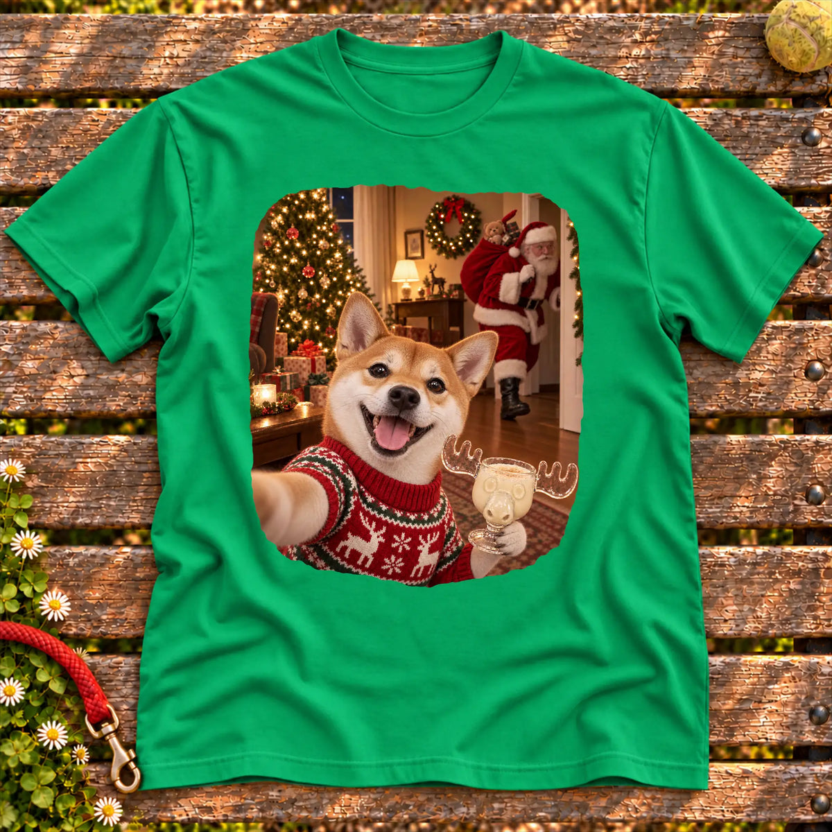 Shiba Inu Eggnog Selfie design on a Irish Green Gildan® T-shirt