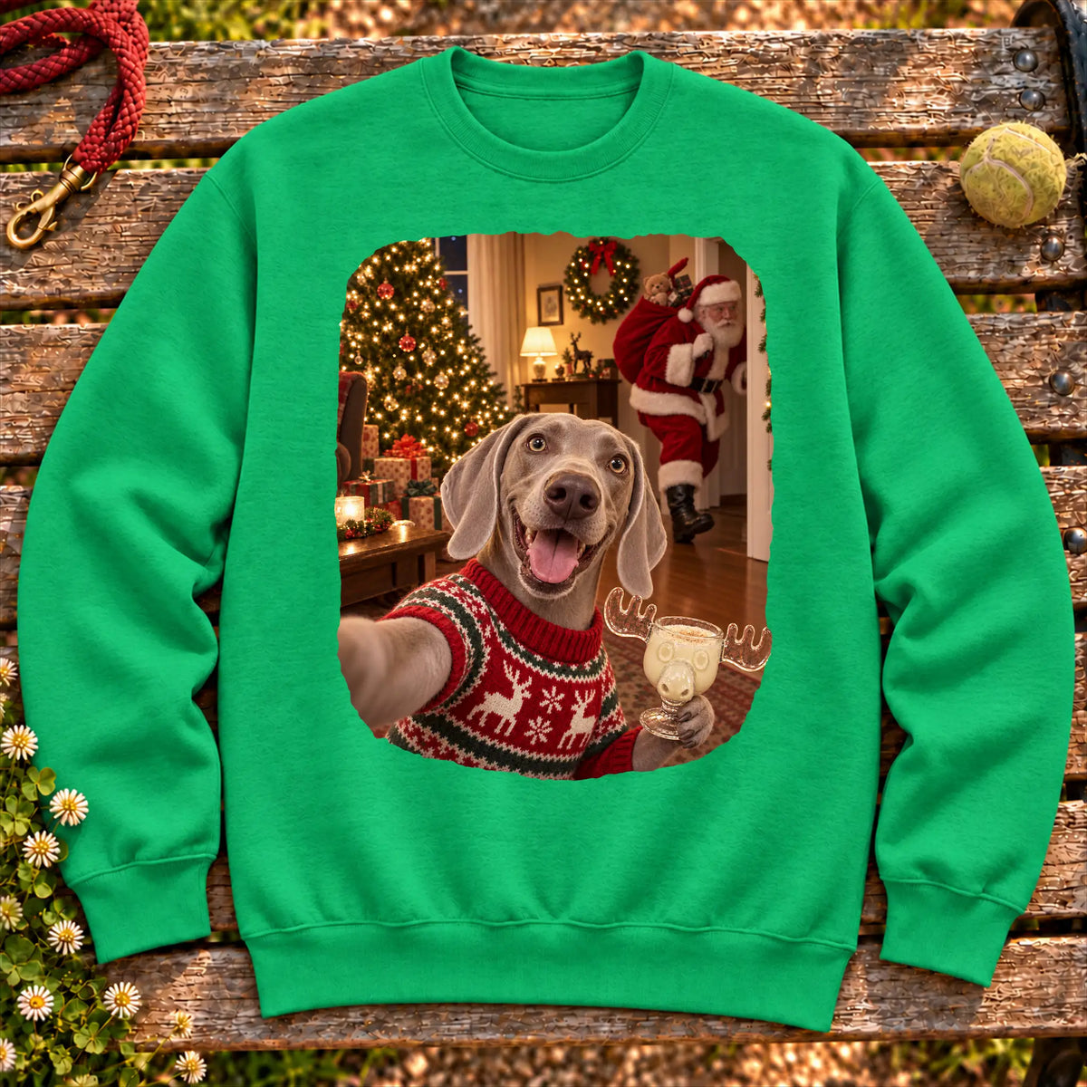 Weimaraner Eggnog Selfie design on a Irish Green Gildan® sweatshirt