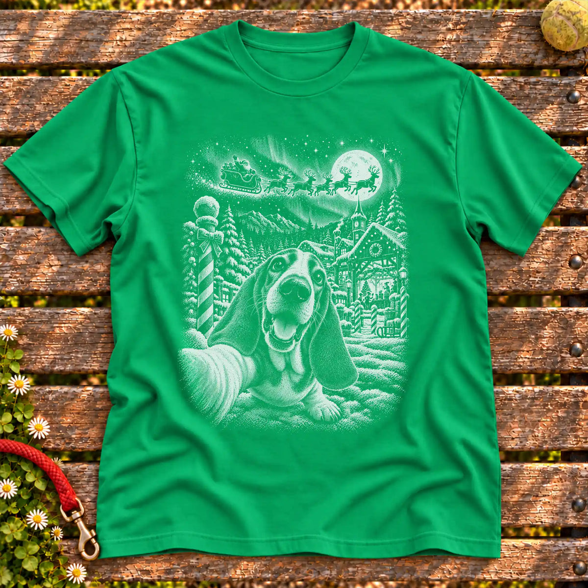 Basset Hound Santa Selfie design on a Irish Green T-shirt