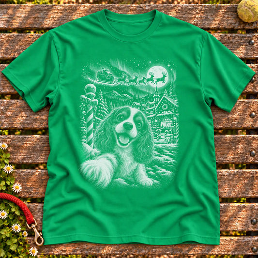 Cavalier King Charles Spaniel Santa Selfie design on a Irish Green T-shirt