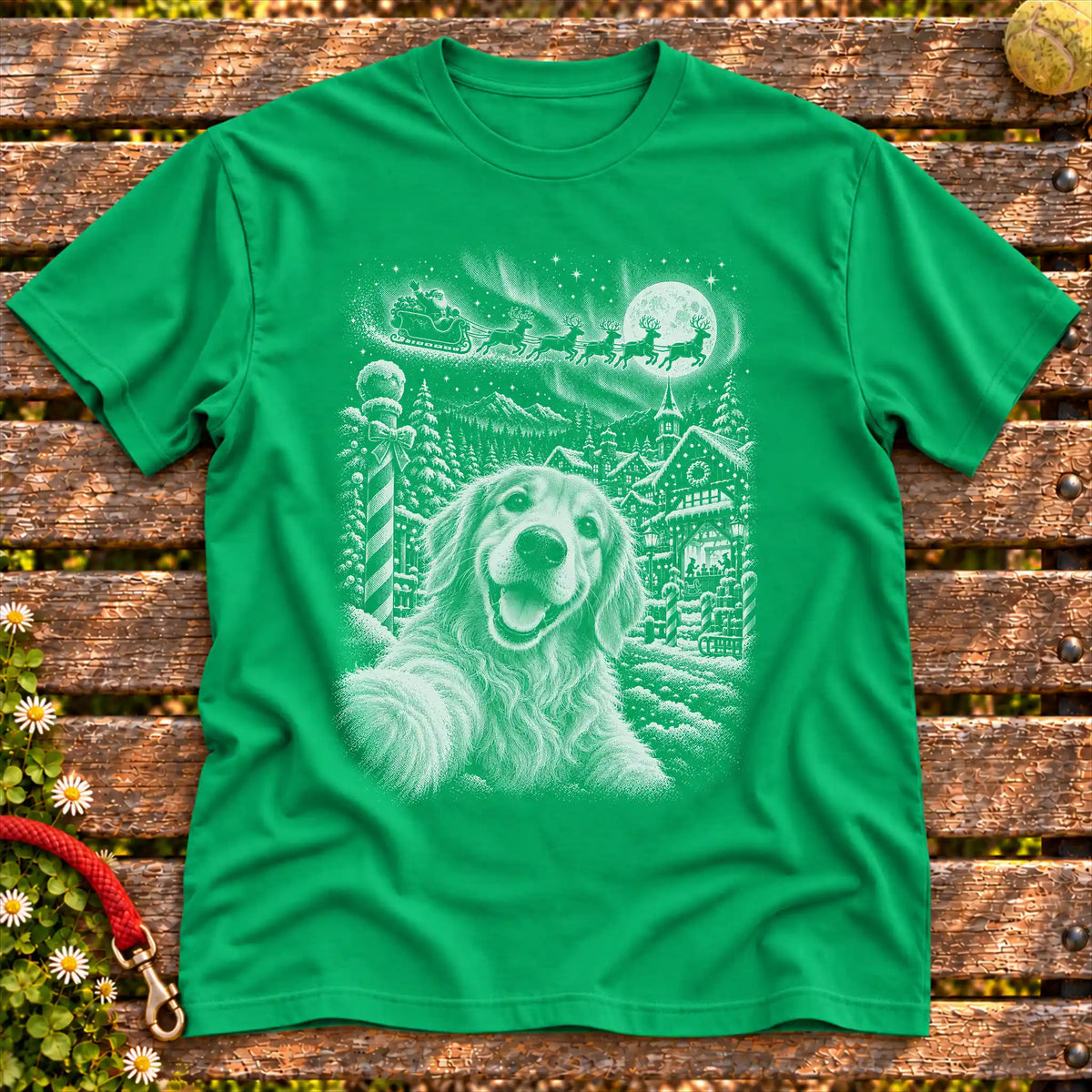 Golden Retriever Santa Selfie design on a Irish Green T-shirt