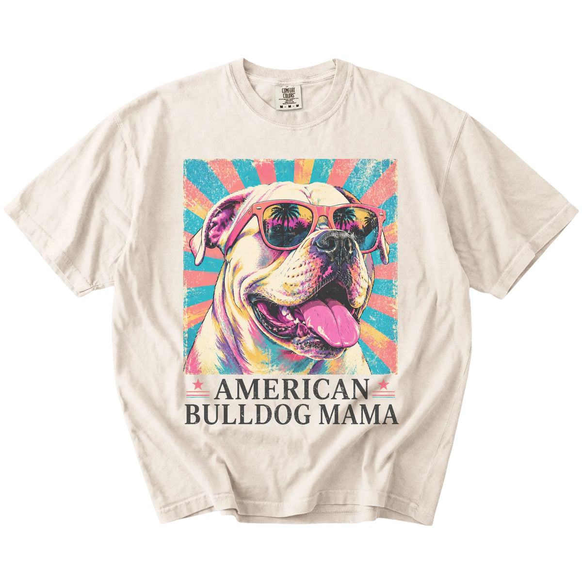 Retro American Bulldog Mama design on a Ivory Comfort Colors T-shirt