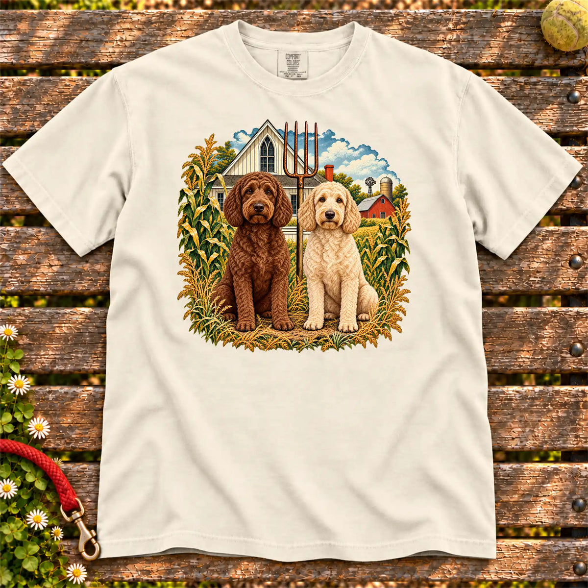American Dogthic Labradoodle farmhouse design on a Ivory Comfort Colors® T-shirt