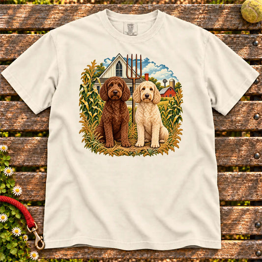 American Dogthic Labradoodle farmhouse design on a Ivory Comfort Colors® T-shirt