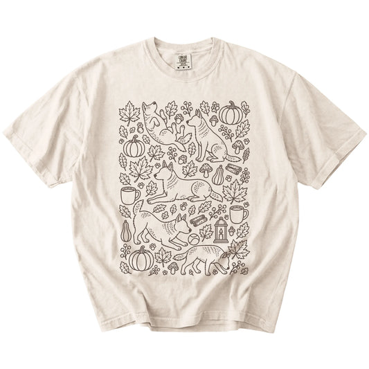 Blue Heeler dogs with pumpkins, leaves, acorns, and woodland details on a Ivory Comfort Colors® T-shirt