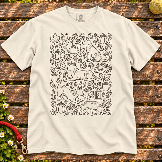 Autumn Blue Heeler design on a Ivory Comfort Colors T-shirt, shown flat