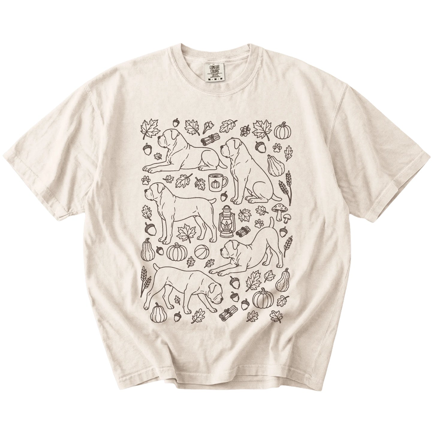 Cane Corso dogs with pumpkins, leaves, acorns, and woodland details on a Ivory Comfort Colors® T-shirt