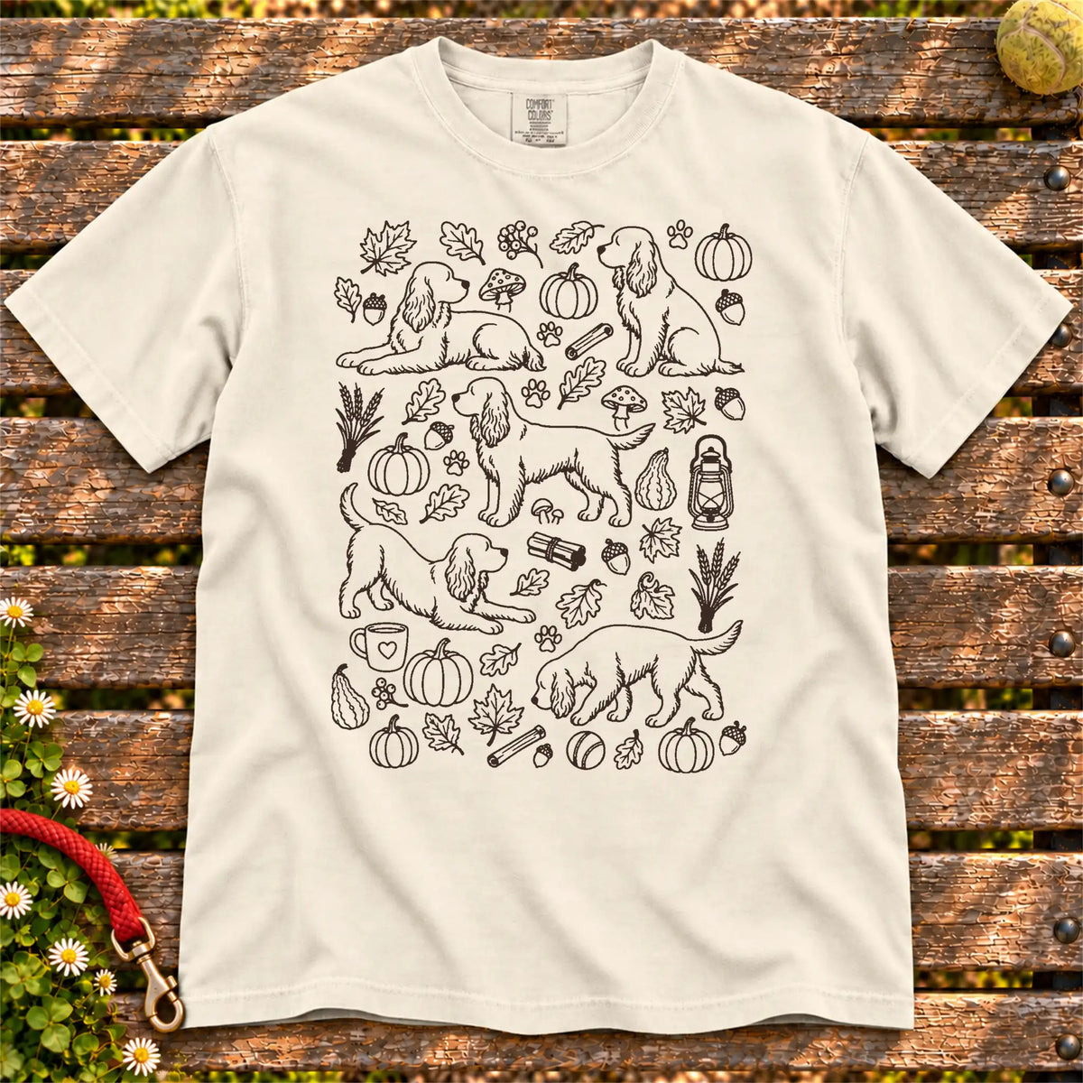 Autumn Cocker Spaniel design on a Ivory Comfort Colors T-shirt, shown flat