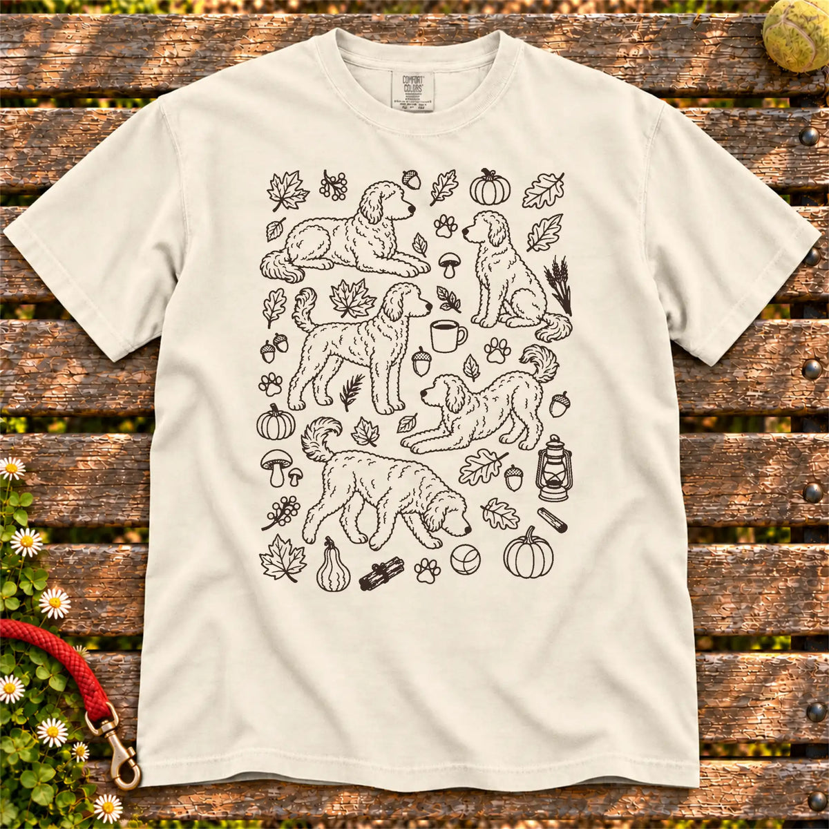 Autumn Goldendoodle design on a Ivory Comfort Colors T-shirt, shown flat