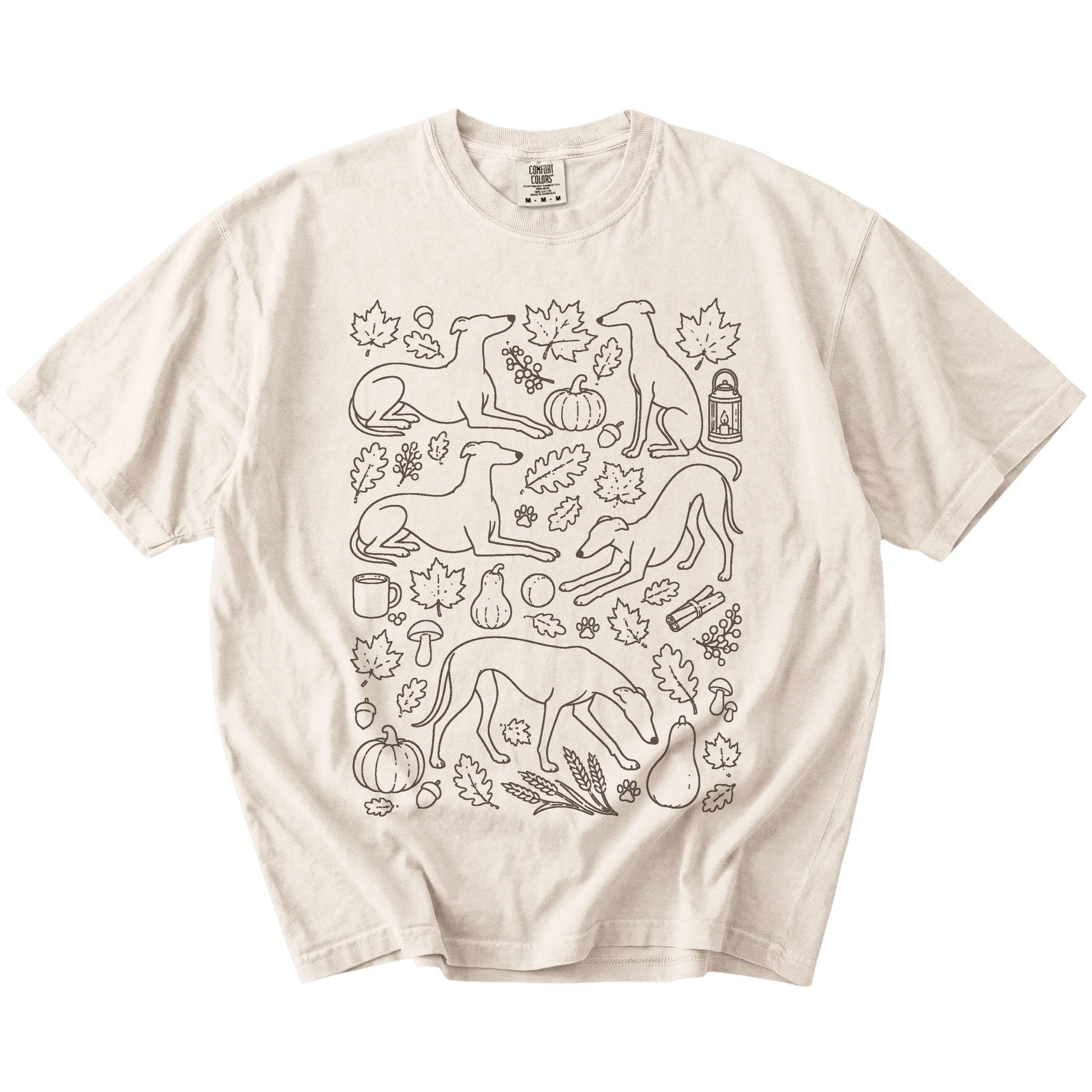 Greyhound dogs with pumpkins, leaves, acorns, and woodland details on a Ivory Comfort Colors® T-shirt