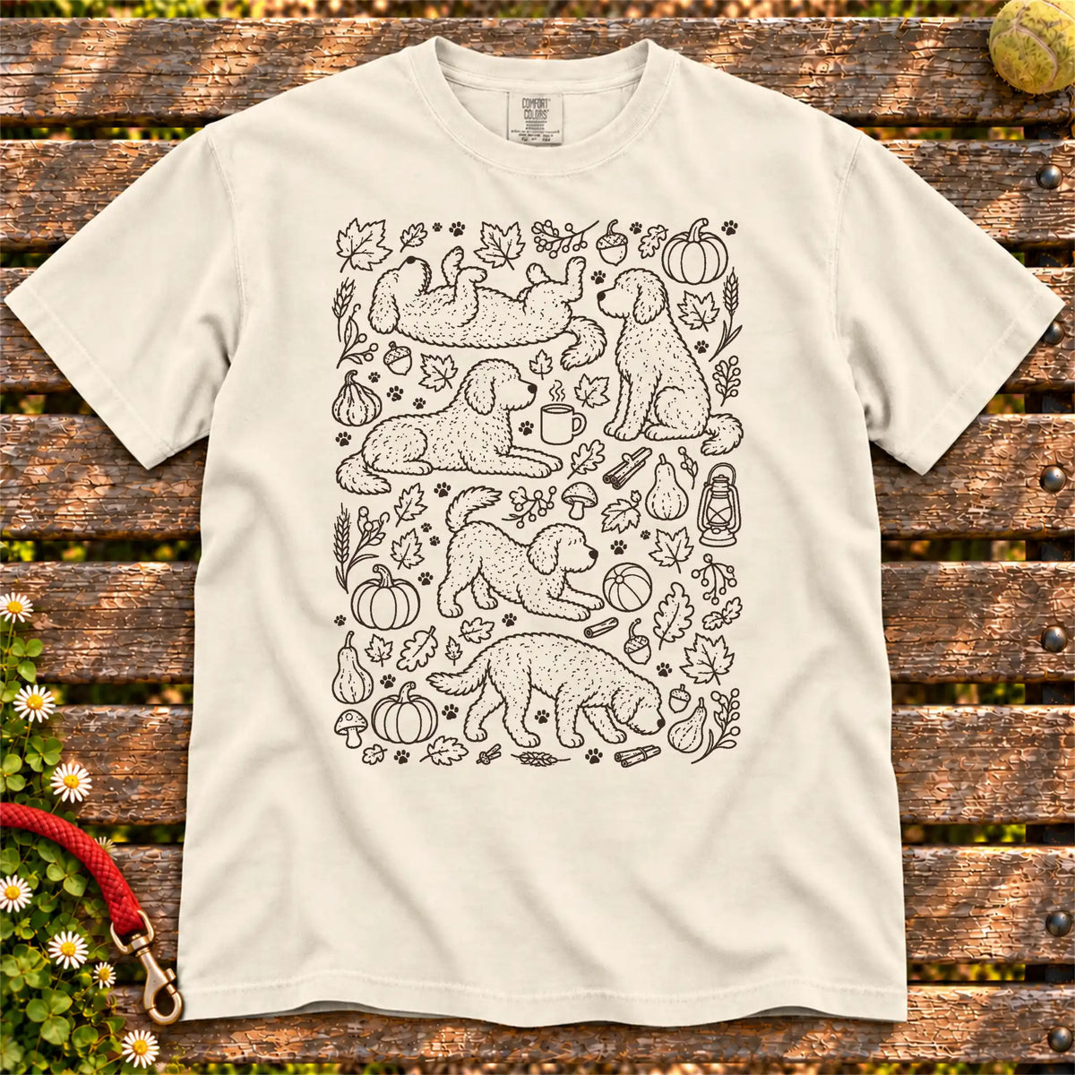 Autumn Labradoodle design on a Ivory Comfort Colors T-shirt, shown flat