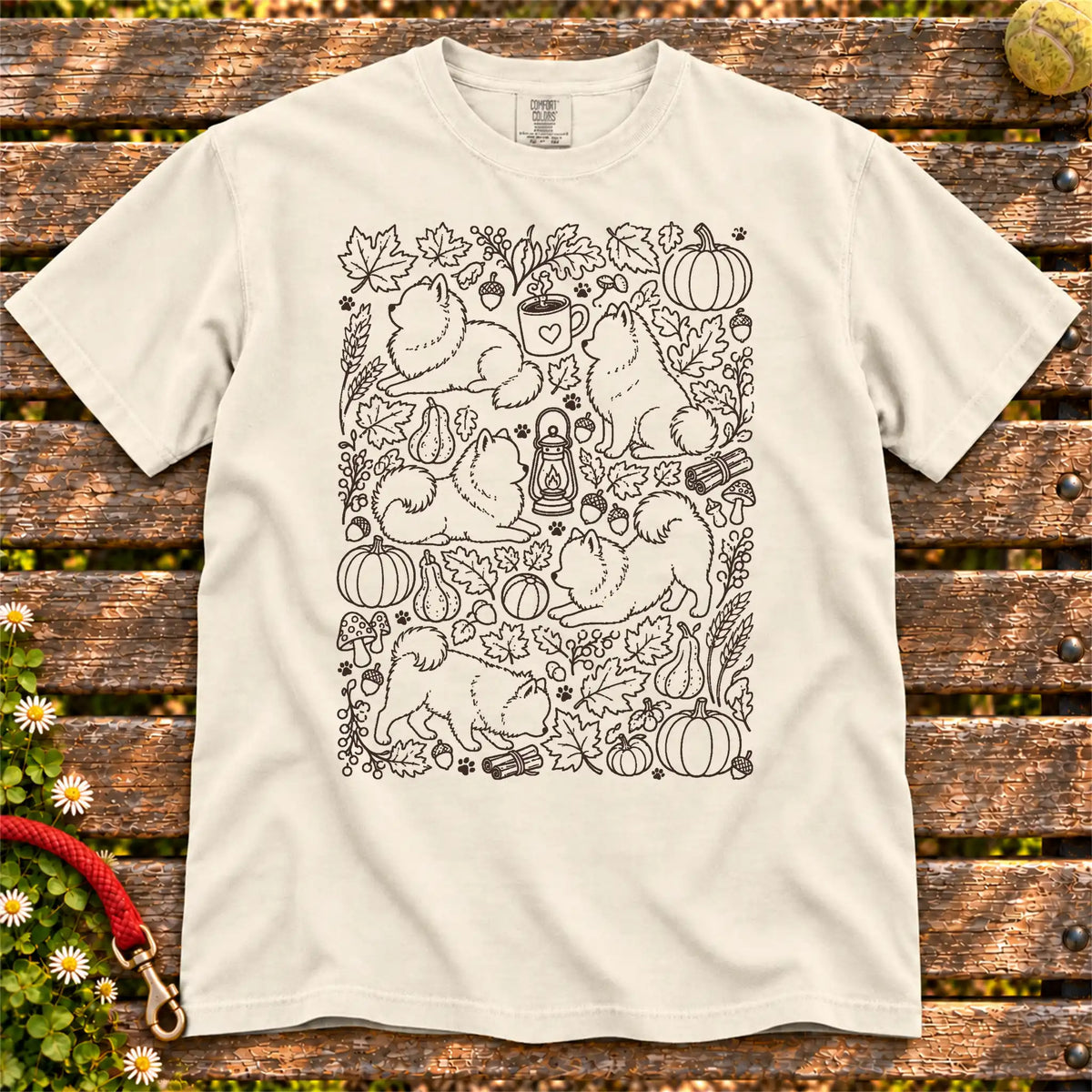 Autumn Pomeranian design on a Ivory Comfort Colors T-shirt, shown flat