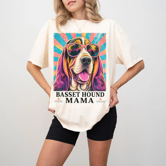Retro Basset Hound Mama design on a Ivory Comfort Colors T-shirt worn by a model