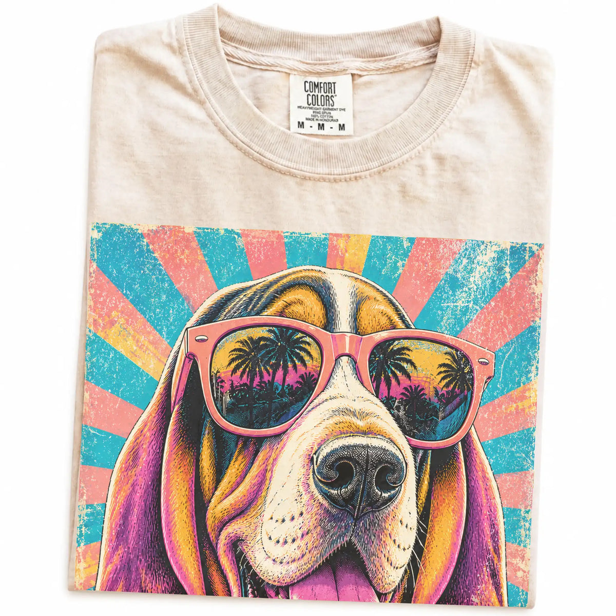 Retro Basset Hound Mama design on a Ivory Comfort Colors T-shirt folded detail