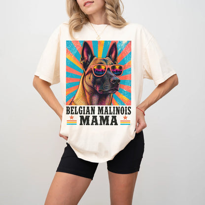 Retro Belgian Malinois Mama design on a Ivory Comfort Colors T-shirt worn by a model