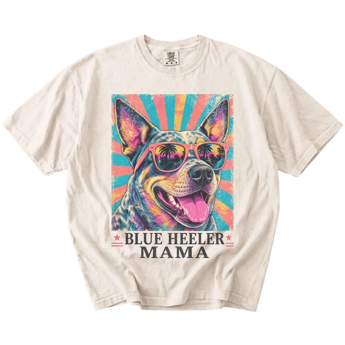 Retro Blue Heeler Mama design on a Ivory Comfort Colors T-shirt
