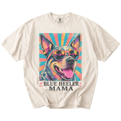 Retro Blue Heeler Mama design on a Ivory Comfort Colors T-shirt