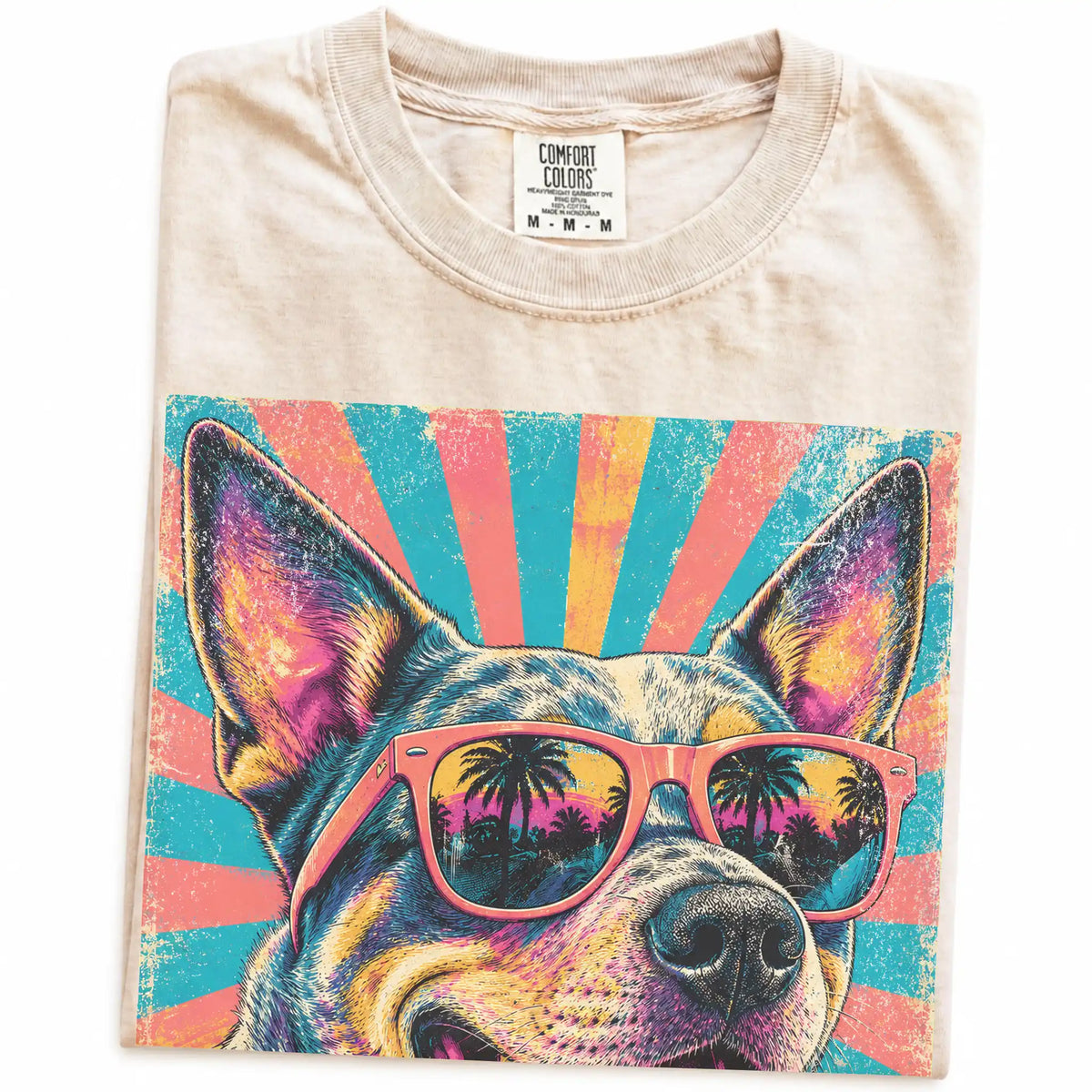 Retro Blue Heeler Mama design on a Ivory Comfort Colors T-shirt folded detail