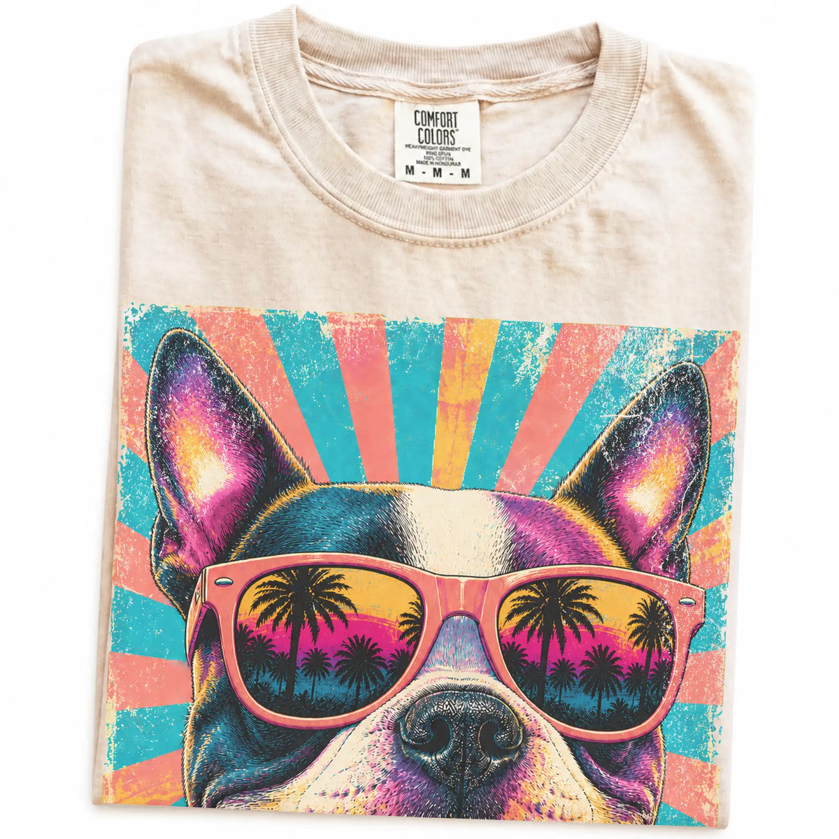 Retro Boston Terrier Mama design on a Ivory Comfort Colors T-shirt folded detail