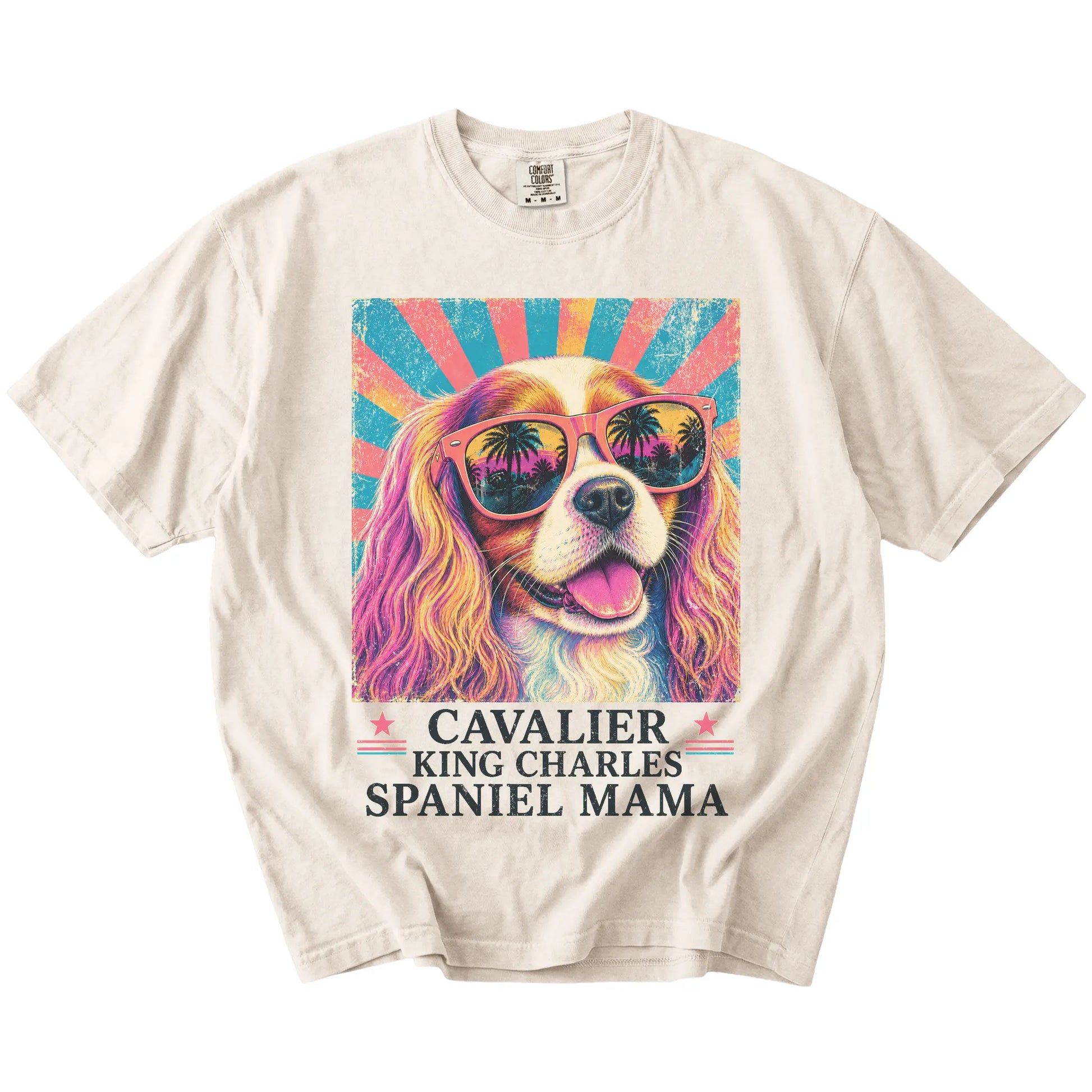 Retro Cavalier King Charles Spaniel Mama design on a Ivory Comfort Colors T-shirt
