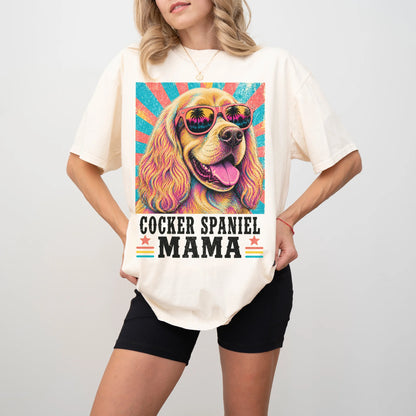 Retro Cocker Spaniel Mama design on a Ivory Comfort Colors T-shirt worn by a model
