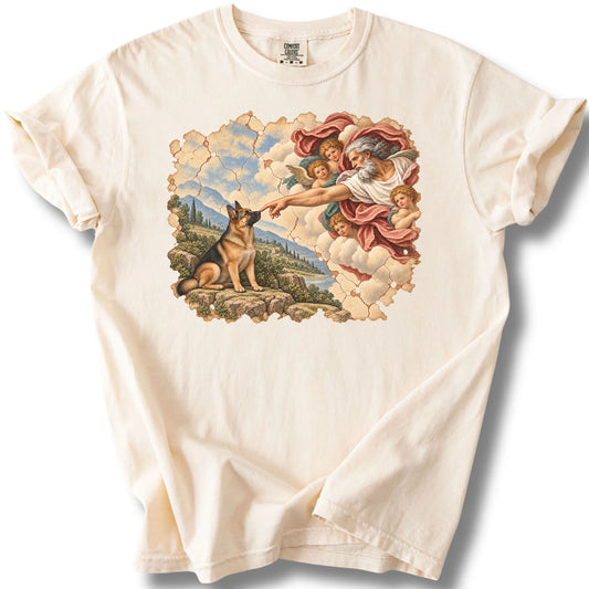German Shepherd Creation of Adam design on an ivory T-shirt