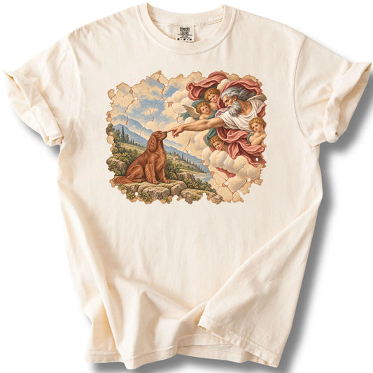 Irish Setter Creation of Adam design on an ivory T-shirt