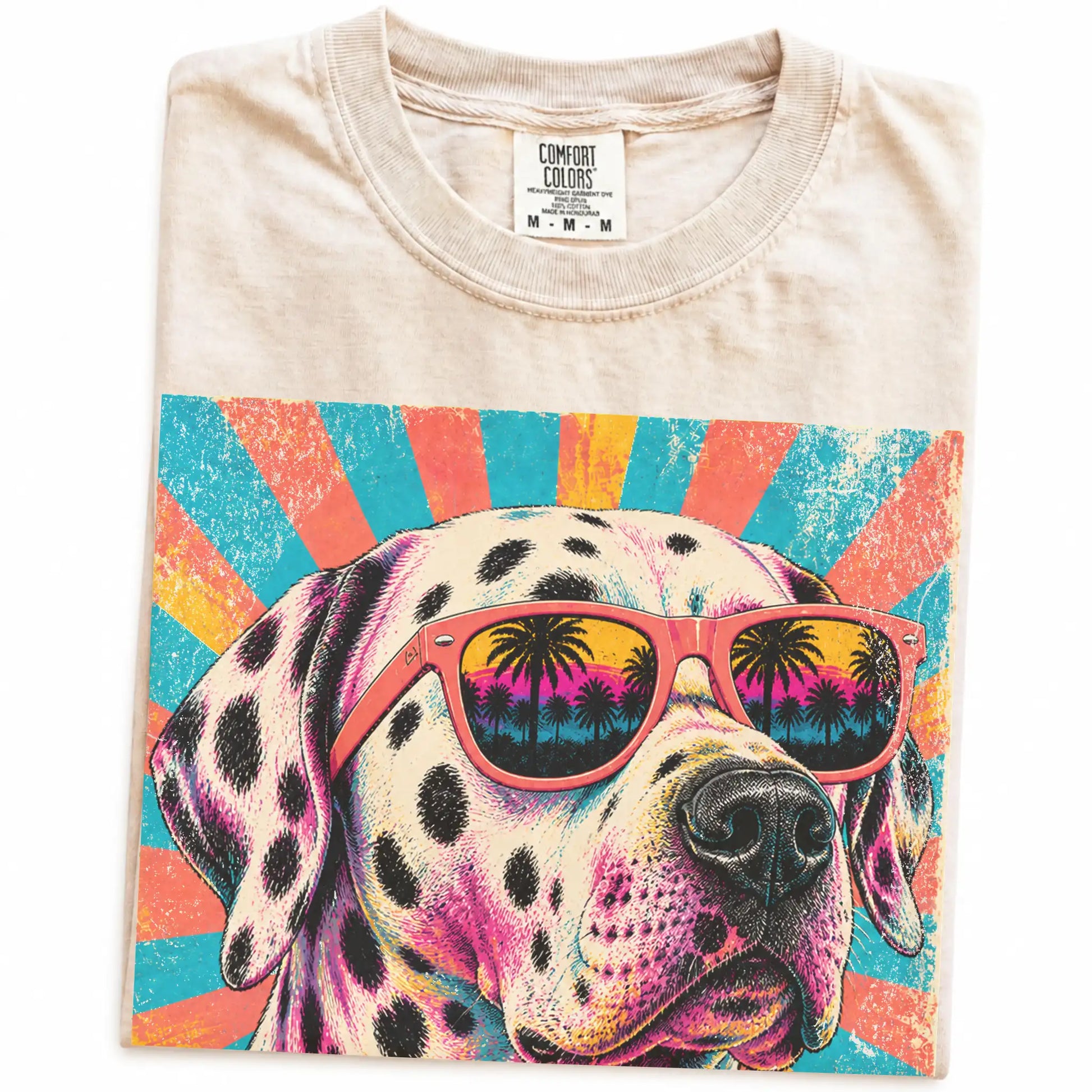 Retro Dalmatian Mama design on a Ivory Comfort Colors T-shirt folded detail