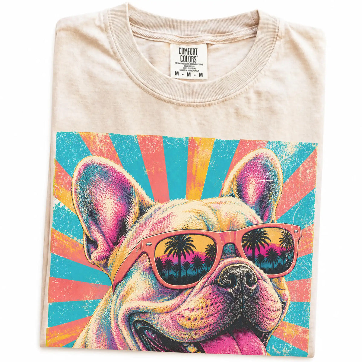 Retro French Bulldog Mama design on a Ivory Comfort Colors T-shirt folded detail