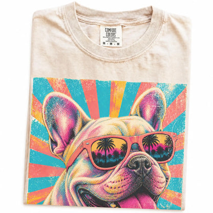 Retro French Bulldog Mama design on a Ivory Comfort Colors T-shirt folded detail