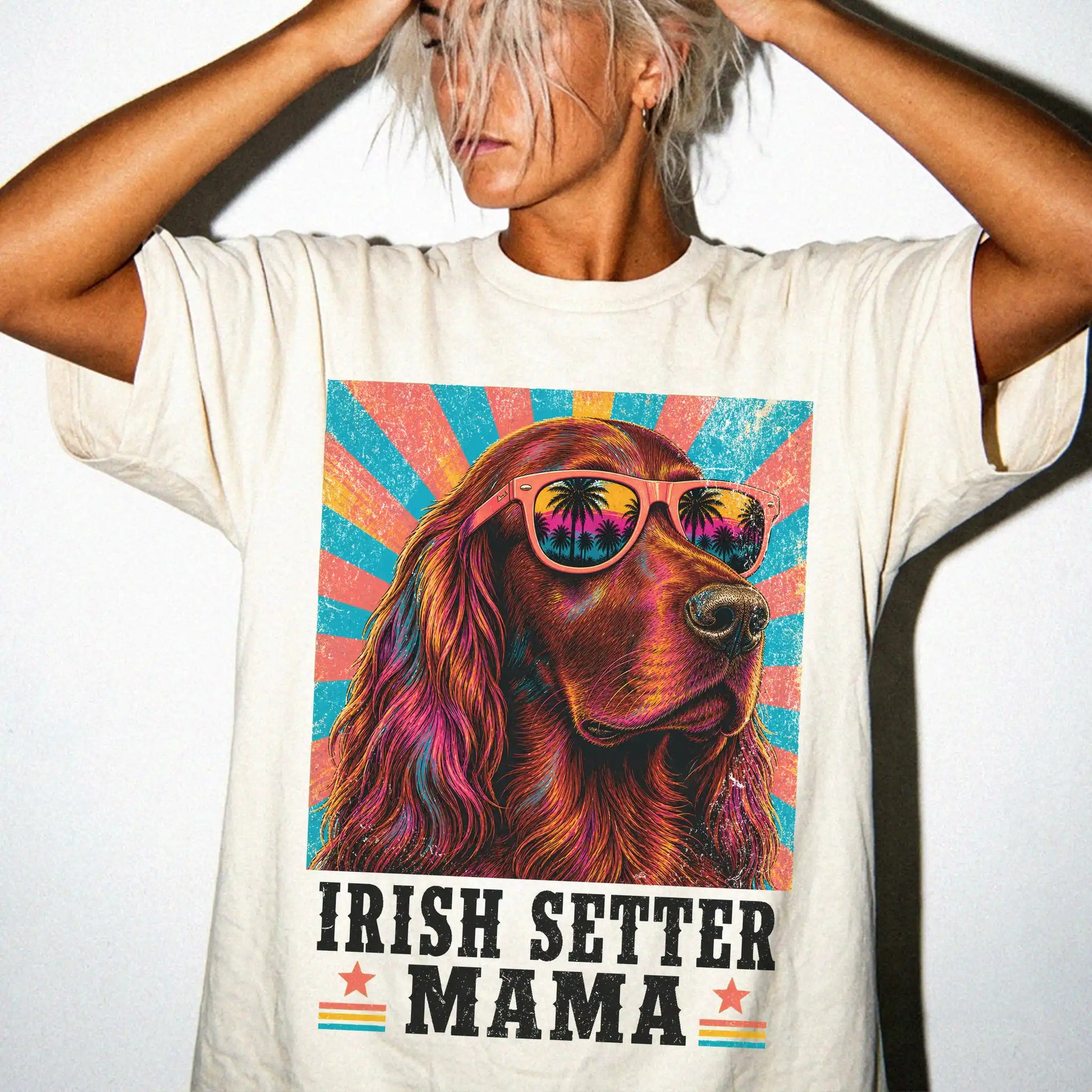 Retro Irish Setter Mama design on a Ivory Comfort Colors T-shirt worn by a model