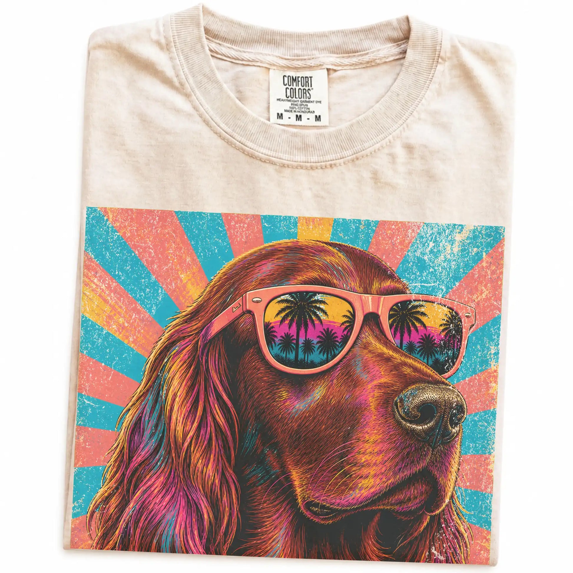 Retro Irish Setter Mama design on a Ivory Comfort Colors T-shirt folded detail