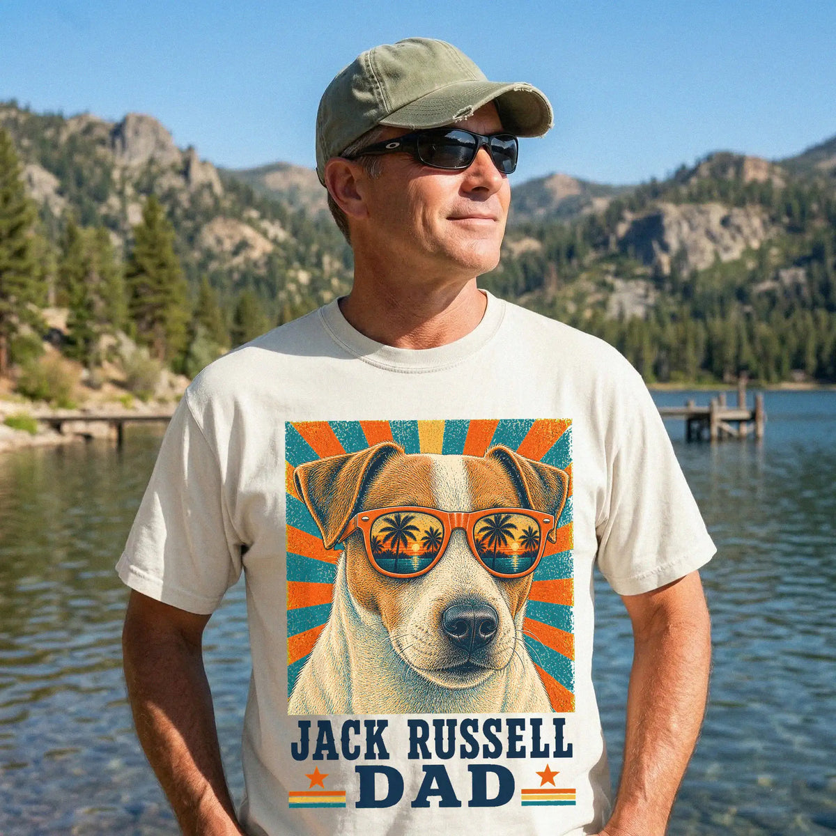 Retro Jack Russell Dad design on a Ivory Comfort Colors T-shirt worn by a model